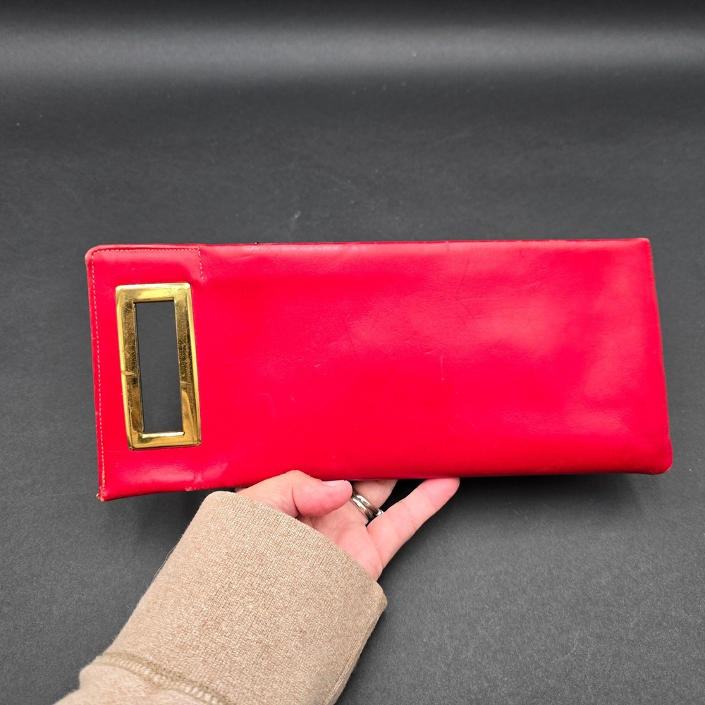 Vintage Red Leather Clutch Bag Brass Metal Handle Rectangle Zippered Pouch